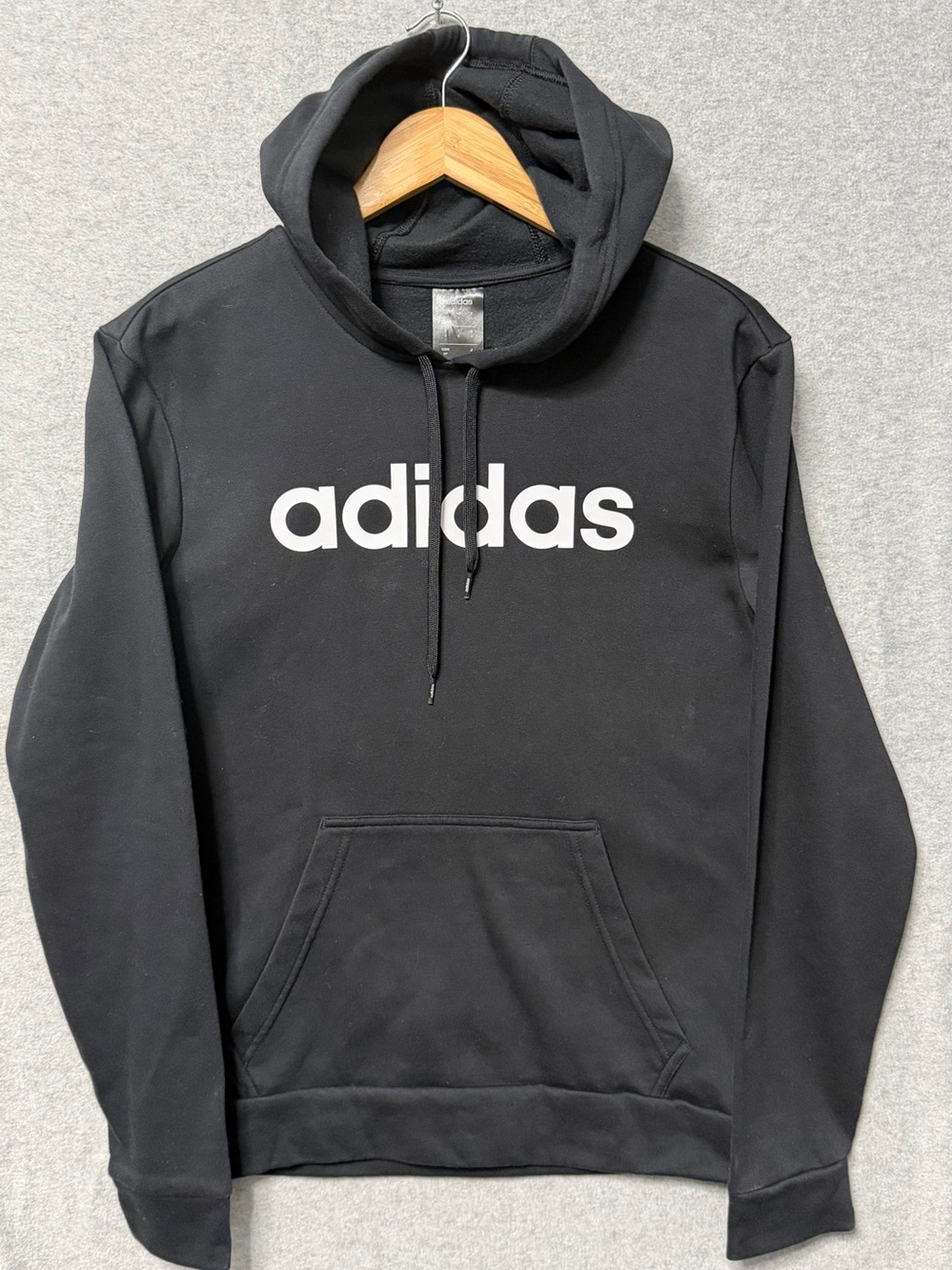 Adidas Men's Linear Fleece Pullover Hoodie Black White Logo Small FR8842